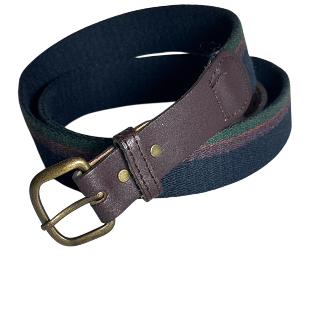 Stylish Blue Purple & Green Striped Frabric Men's Belt with Genuine Leather 34